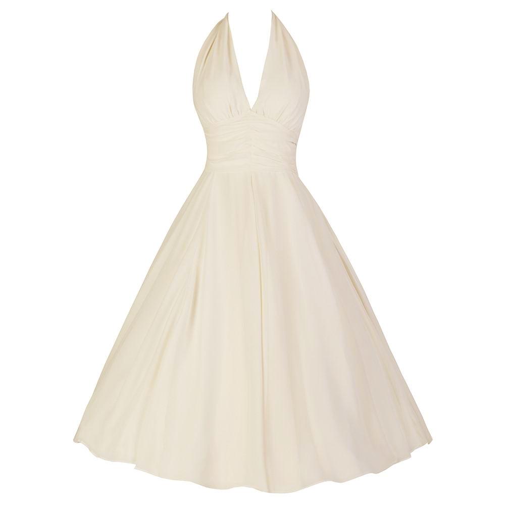1950s Vintage Inspired Ivory Chiffon Halterneck Swing Dress | Deep V Neck and Full Skirt Pretty Kitty Fashion 1950s Vintage Inspired Ivory Chiffon Halterneck Swing Dress | Deep V Neck and Full Skirt Pretty Kitty Fashion