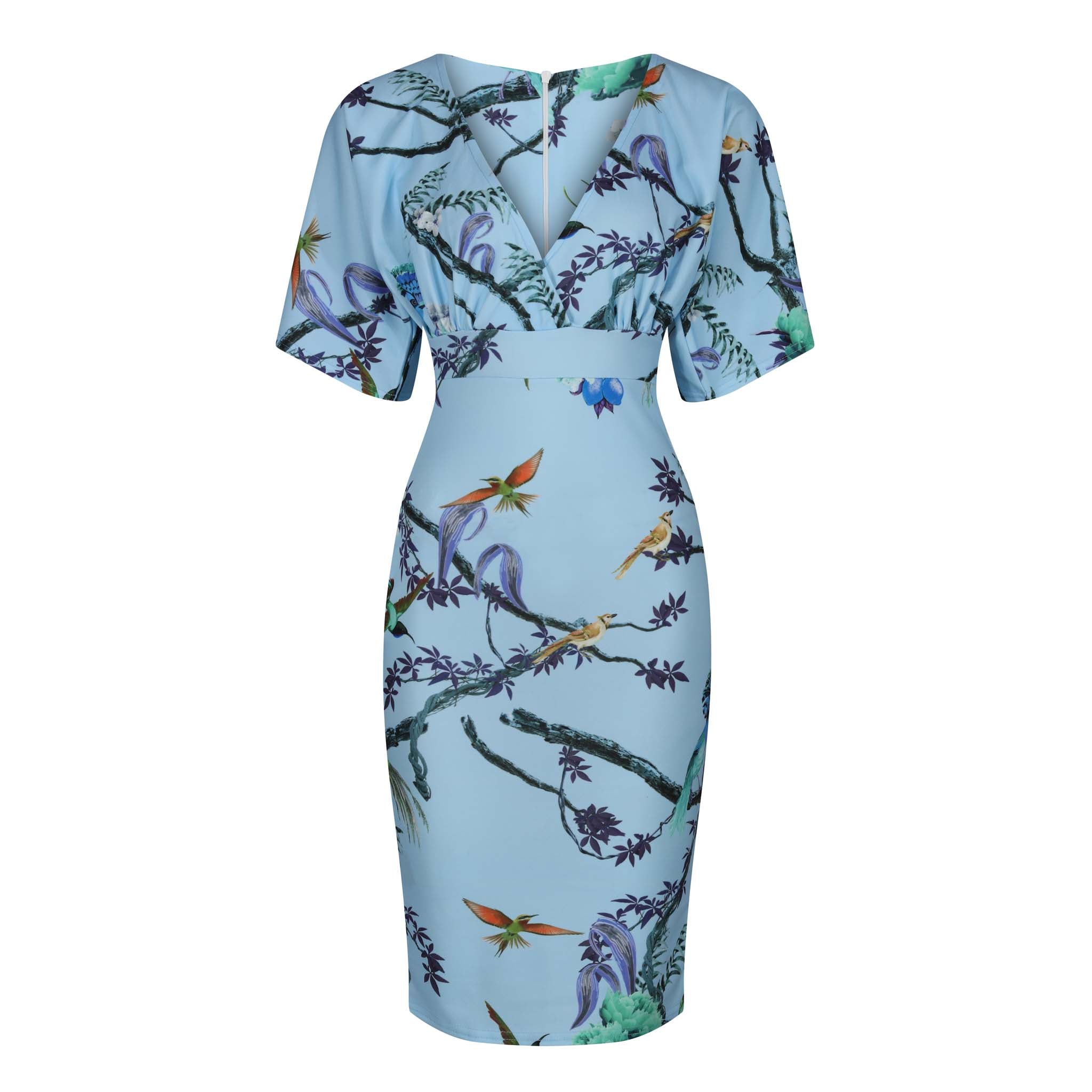 1950s Pale Blue Bird Print Pencil Dress Vintage Inspired V Neck Kimono Sleeve Wiggle Occasion Dress Pretty Kitty Fashion 1950s Pale Blue Bird Print Pencil Dress Vintage Inspired V Neck Kimono Sleeve Wiggle Occasion Dress Pretty Kitty Fashion