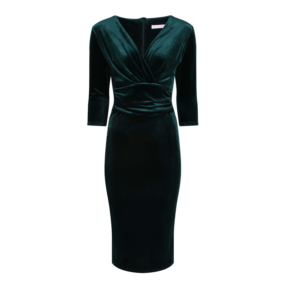 Emerald Green Velour Deep V 3/4 Sleeve Bodycon Ruched Waist Wiggle Dress