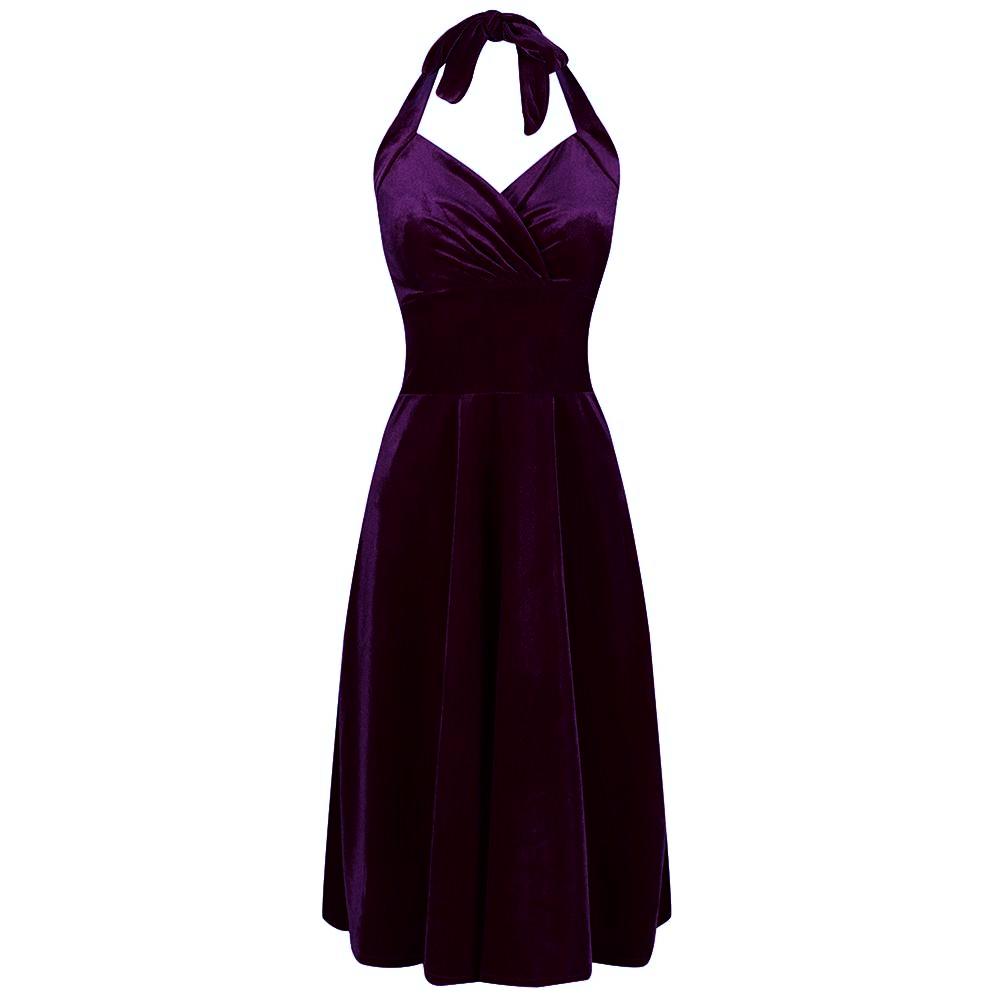 Purple Velour Halterneck Empire Waist 50s Swing Dress - Pretty Kitty Fashion