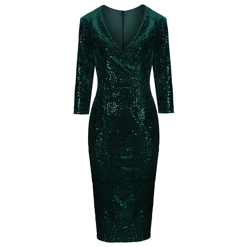 Dark Green 3/4 Sleeve V Neck Velour Sequin Pencil Wiggle Dress - Pretty Kitty Fashion