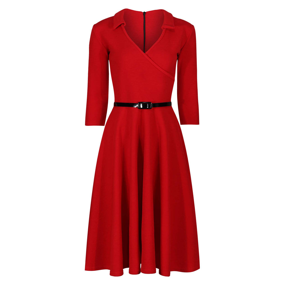 Red 3/4 Sleeve Collar Wrap Effect Swing Dress