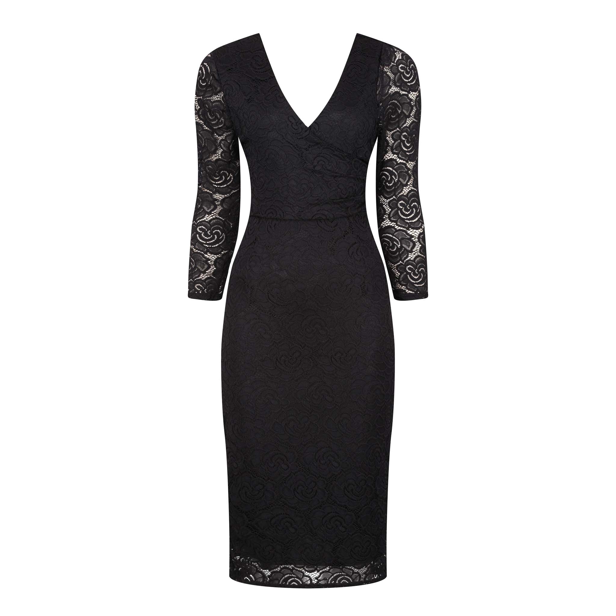 Black Lace 3/4 Sleeve Wrap Over Effect Midi Dress Pretty Kitty Fashion Black Lace 3/4 Sleeve Wrap Over Effect Midi Dress Pretty Kitty Fashion