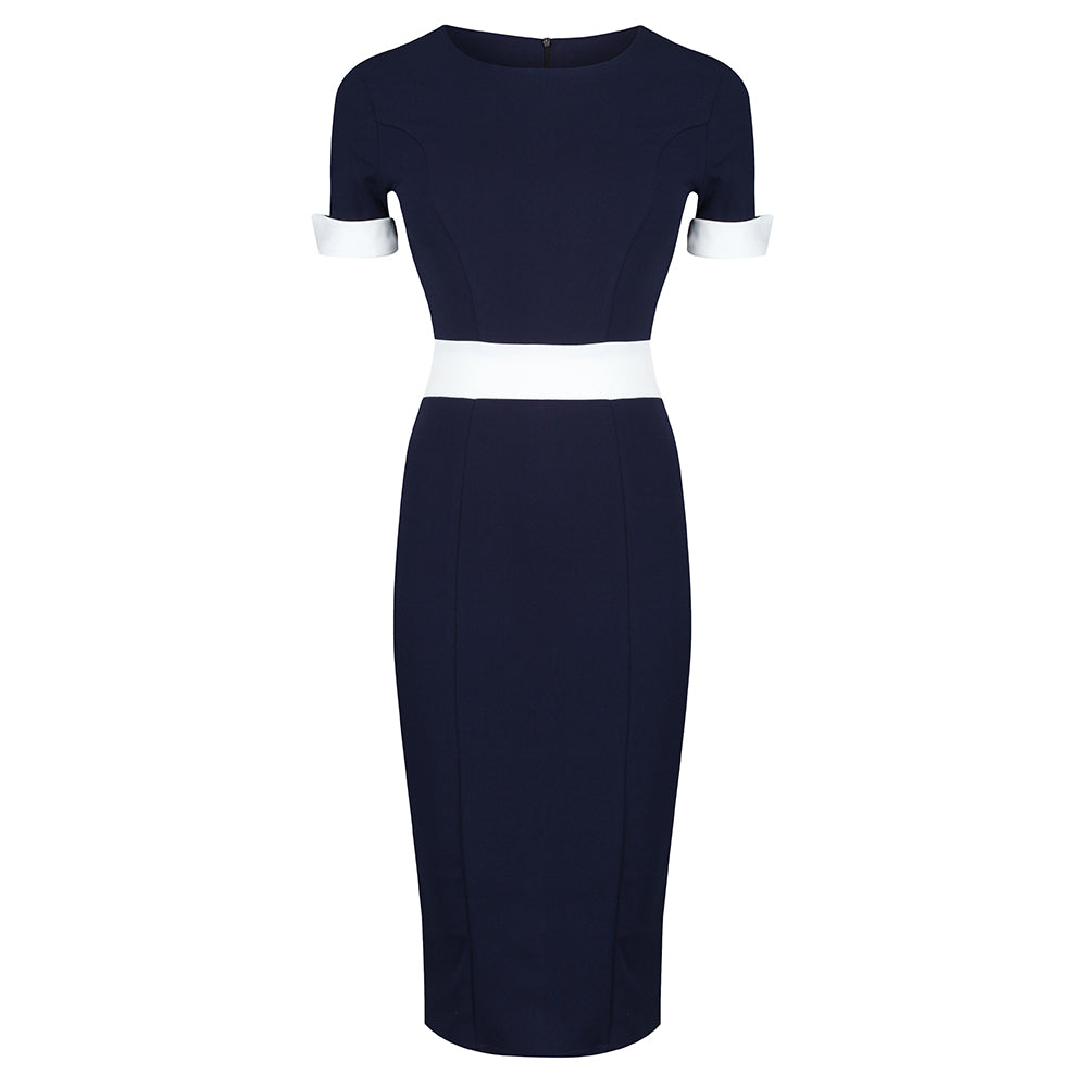 Navy And Cream Luxury Classic Nautical Pencil Dress - Pretty Kitty Fashion