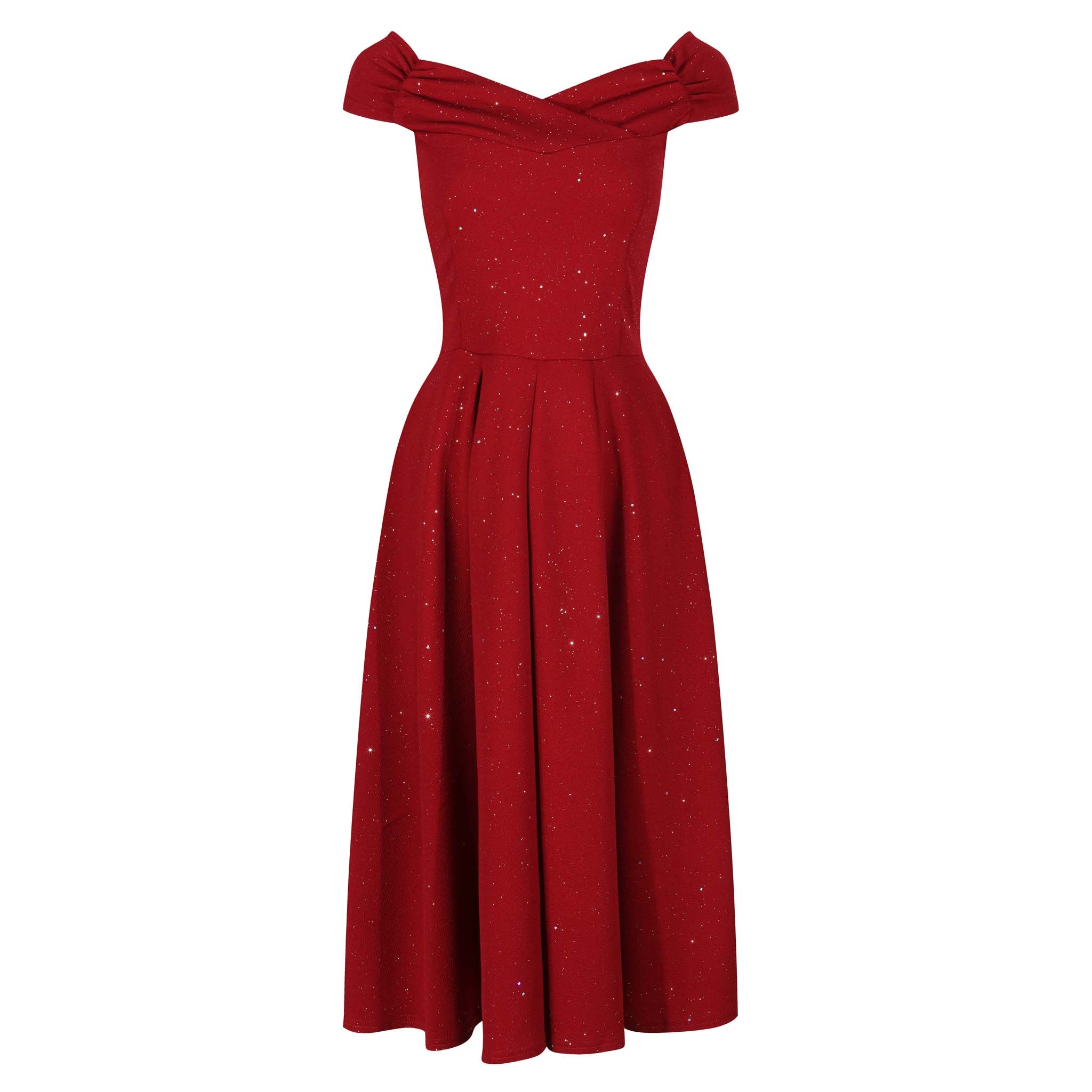 Wine Red Sparkly Glitter Crossover Bust Bardot Style 50s Swing Dress – Pretty  Kitty Fashion