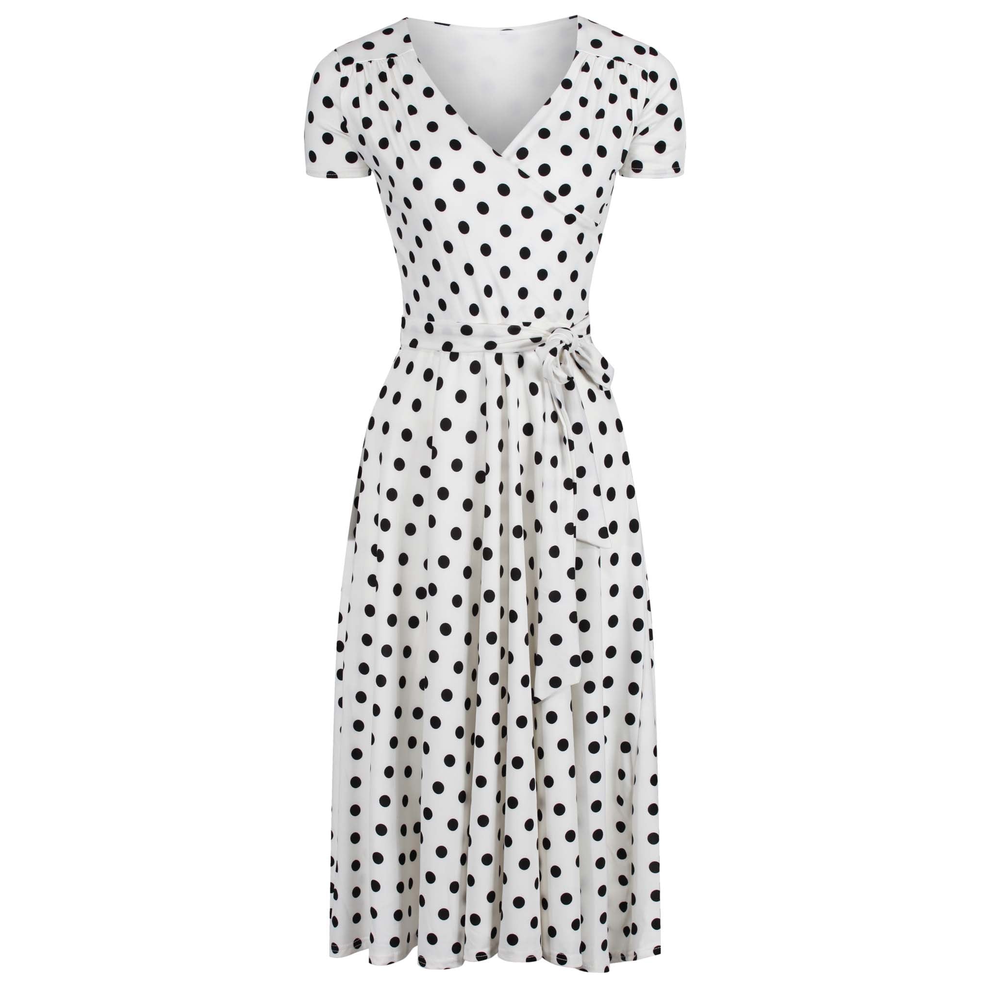 White Black Polka Dot Cap Sleeve Fit And Flare Midi Dress