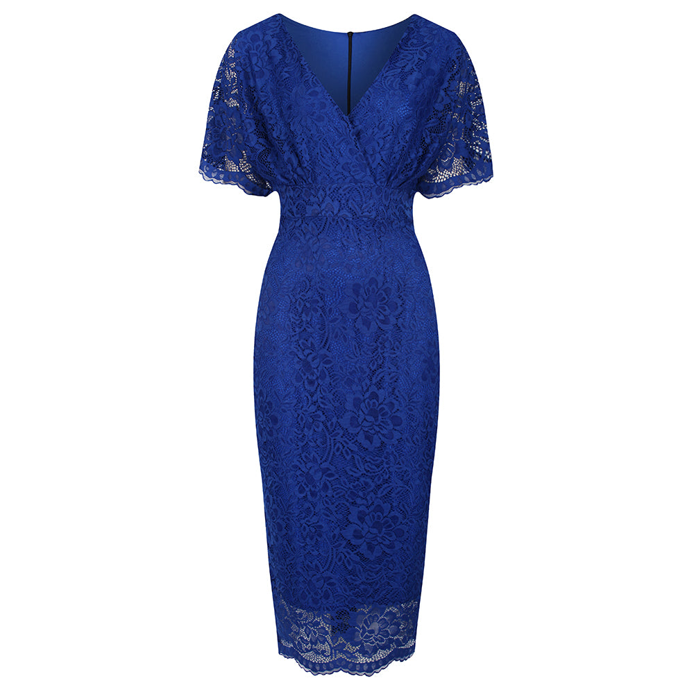 Royal Blue Vintage Lace Detail Bodycon Midi Pencil Dress – Pretty