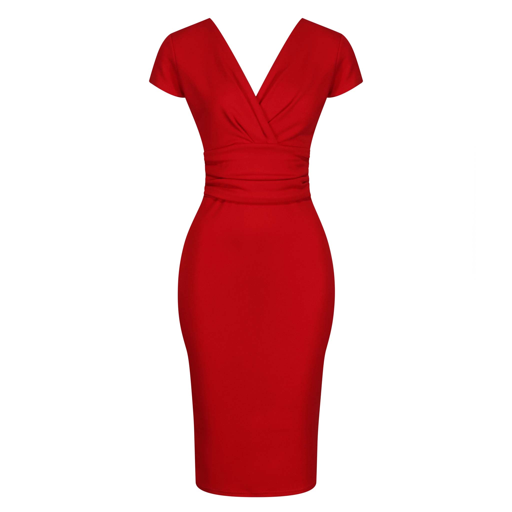 Red Deep V Cap Sleeve Bodycon Ruched Waist Wiggle Dress – Pretty