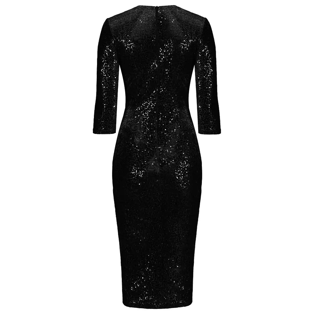 Dark Green 3/4 Sleeve V Neck Velour Sequin Pencil Wiggle Dress - Pretty Kitty Fashion