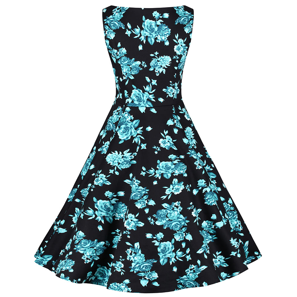 Black and Blue Floral Print Rockabilly 50s Swing Dress - Pretty Kitty Fashion