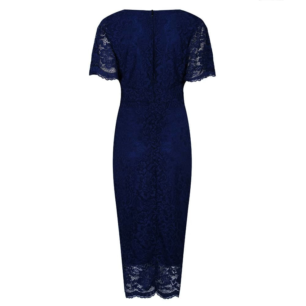 Royal Blue Vintage Lace Detail Bodycon Midi Dress - Pretty Kitty Fashion