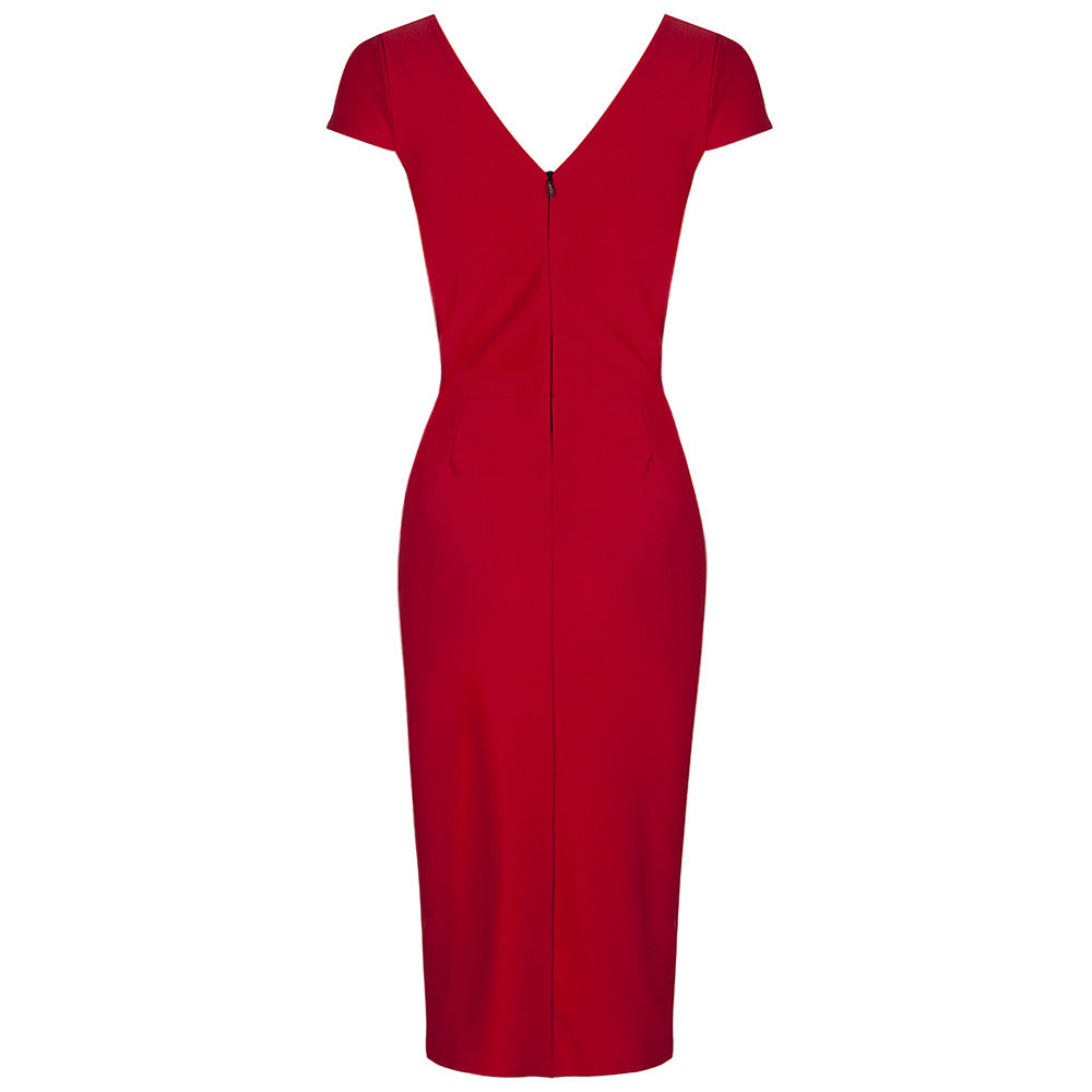 Red Capped Sleeve Bodycon Wiggle Dress - Pretty Kitty Fashion