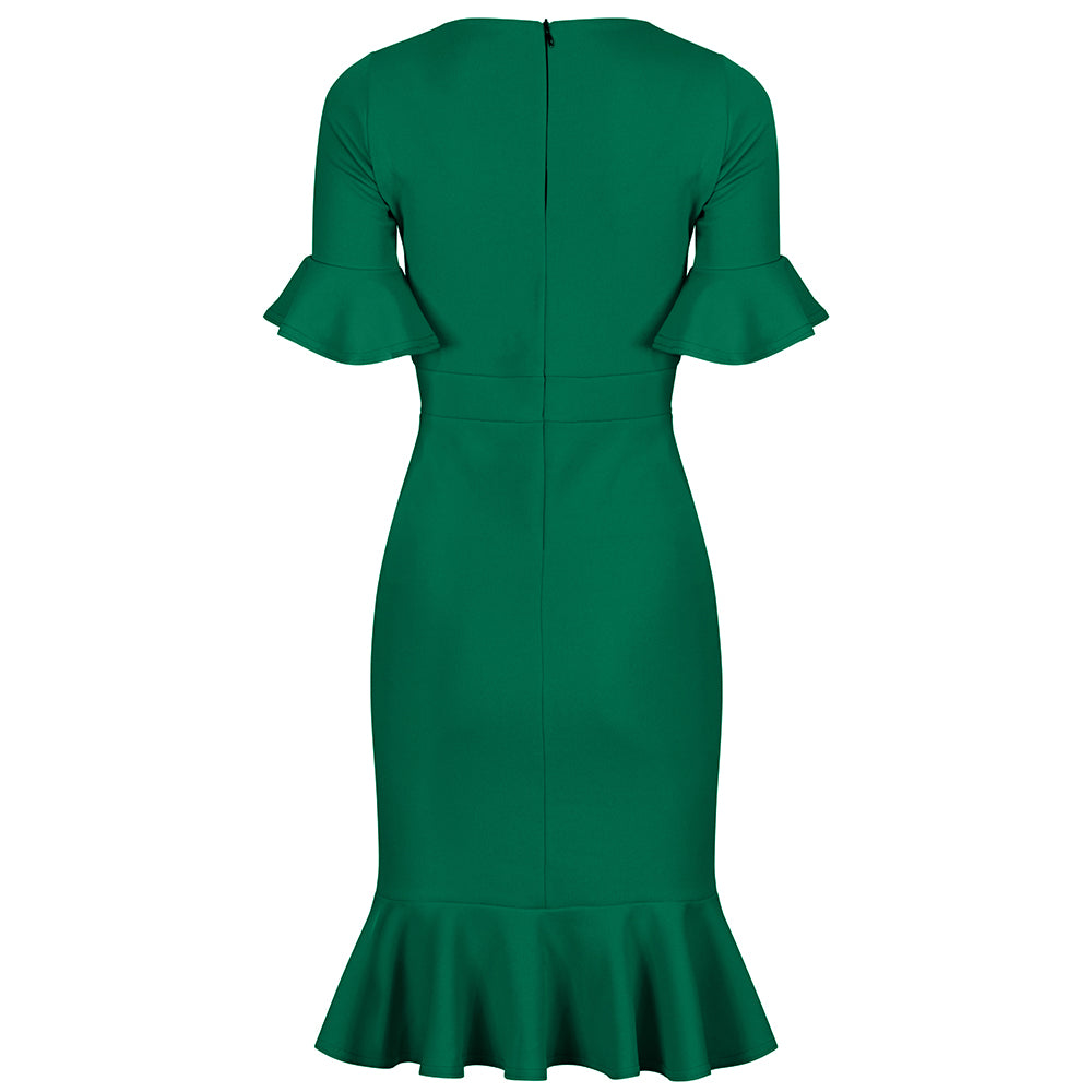 Emerald Green 1/2 Sleeve Fishtail Peplum Hem V Neck Bodycon Pencil Dress - Pretty Kitty Fashion