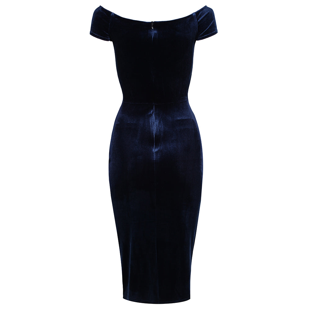 Navy Blue Velour Cap Sleeve Crossover Top Bardot Wiggle Dress - Pretty Kitty Fashion