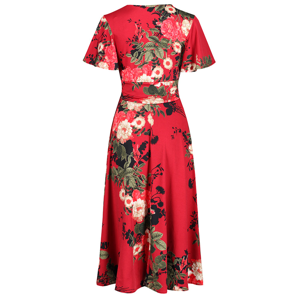 Red Wine Floral Print Cap Sleeve V Neck Wrap Top Swing Dress - Pretty Kitty Fashion