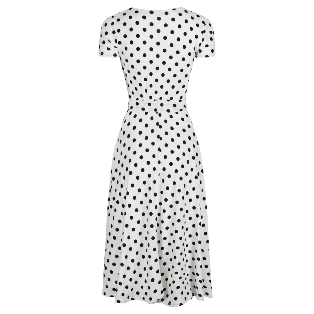 White And Black Polka Dot Cap Sleeve Fit And Flare Midi Dress