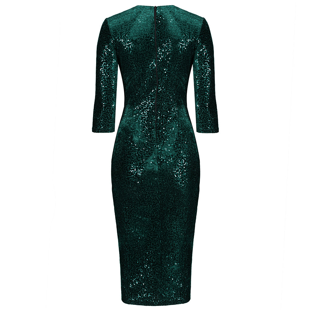 Dark Green 3/4 Sleeve V Neck Velour Sequin Pencil Wiggle Dress - Pretty Kitty Fashion