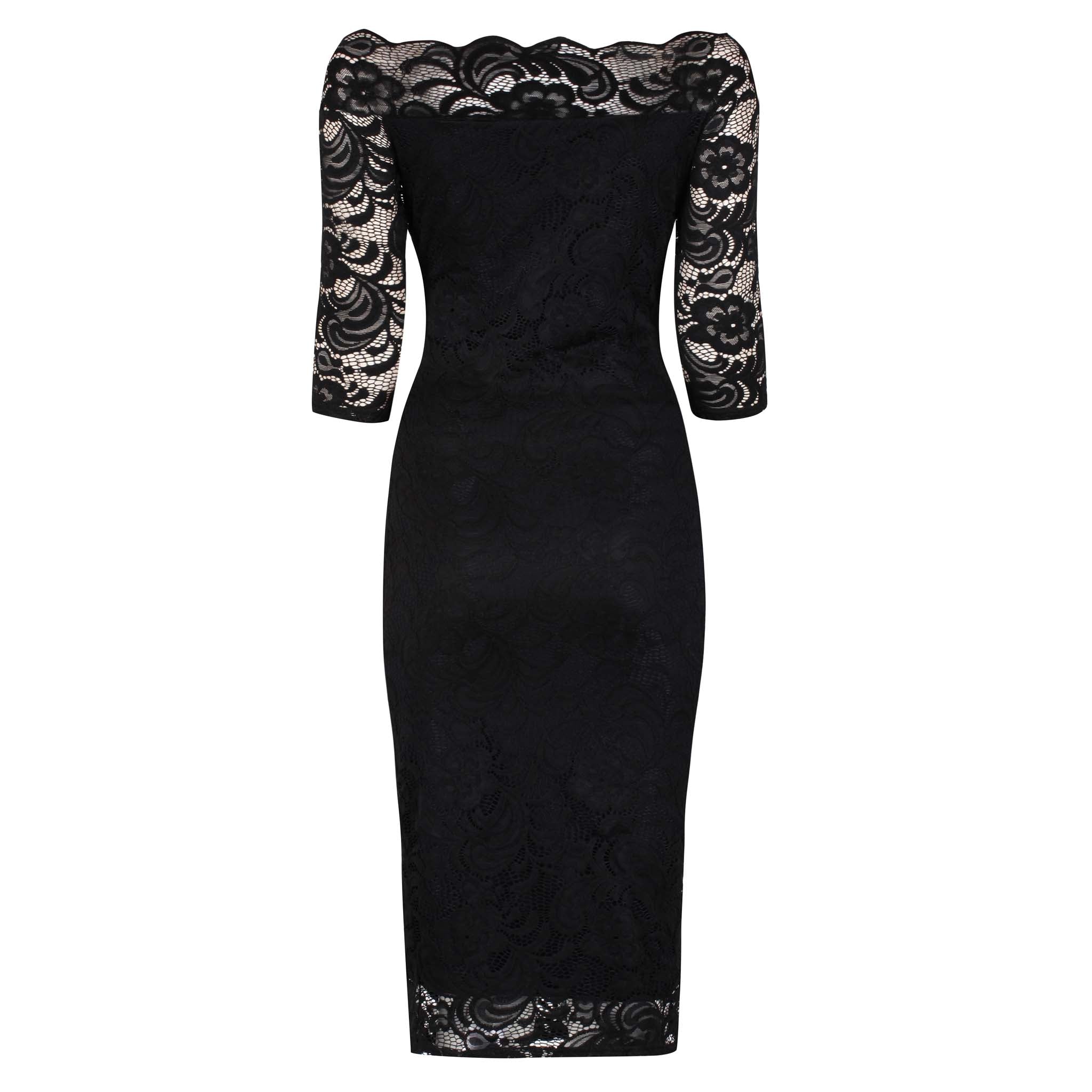 Black Lace 3/4 Sleeve Vintage Bardot Bodycon Wiggle Dress Pretty Kitty Fashion Black Lace 3/4 Sleeve Vintage Bardot Bodycon Wiggle Dress Pretty Kitty Fashion