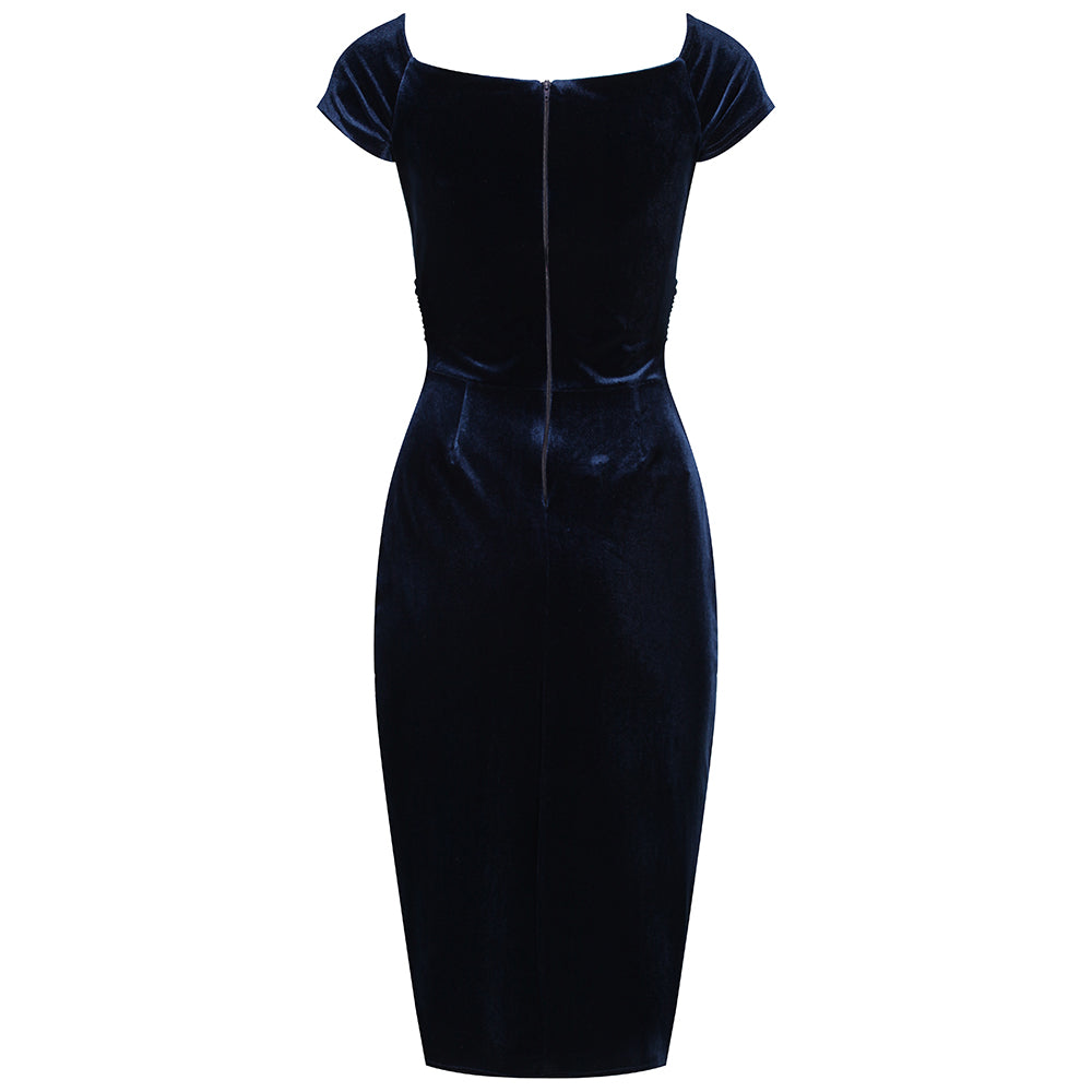 Navy Blue Vintage 40s Style Velour Crossover Bust Wiggle Dress - Pretty Kitty Fashion