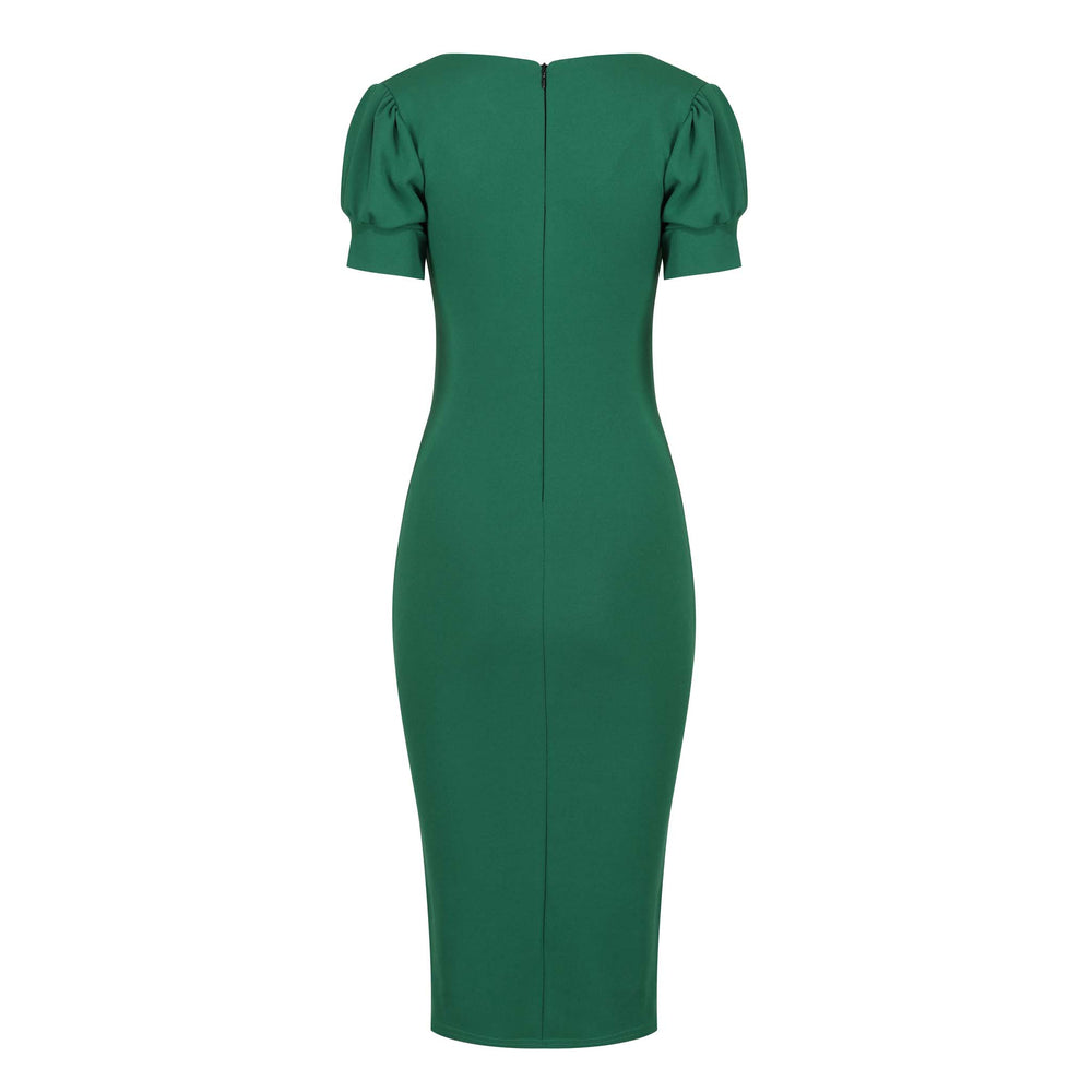 Emerald Green Puff Sleeve V Neck Bodycon Pencil Dress