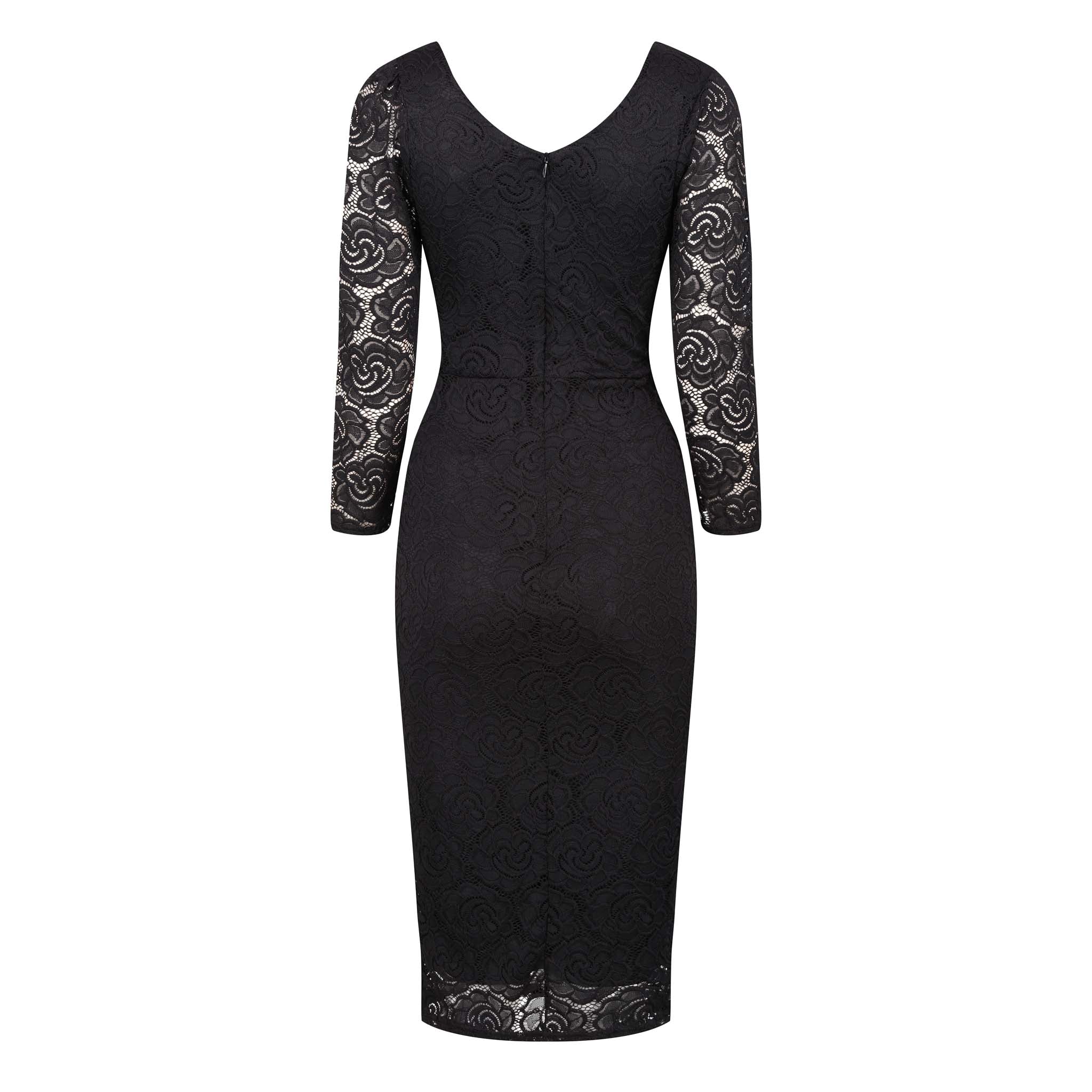 Black Lace 3/4 Sleeve Wrap Over Effect Midi Dress