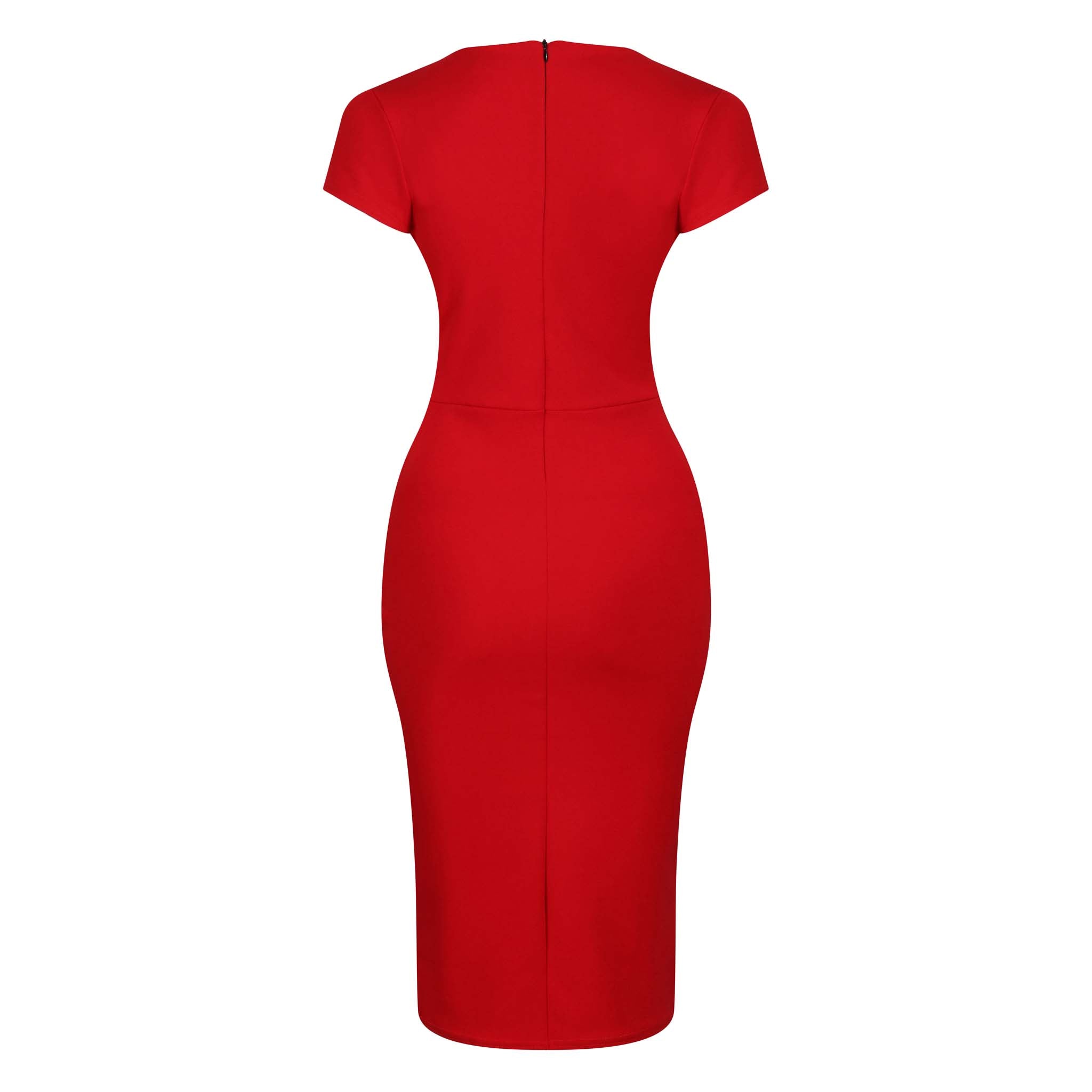 Red Deep V Cap Sleeve Bodycon Ruched Waist Wiggle Dress