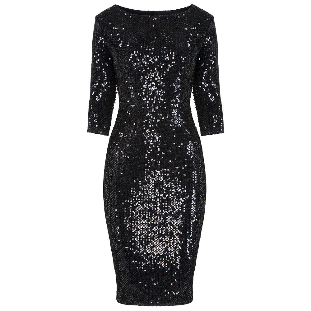 Black Velour Big Sequin Wiggle Dress - Pretty Kitty Fashion