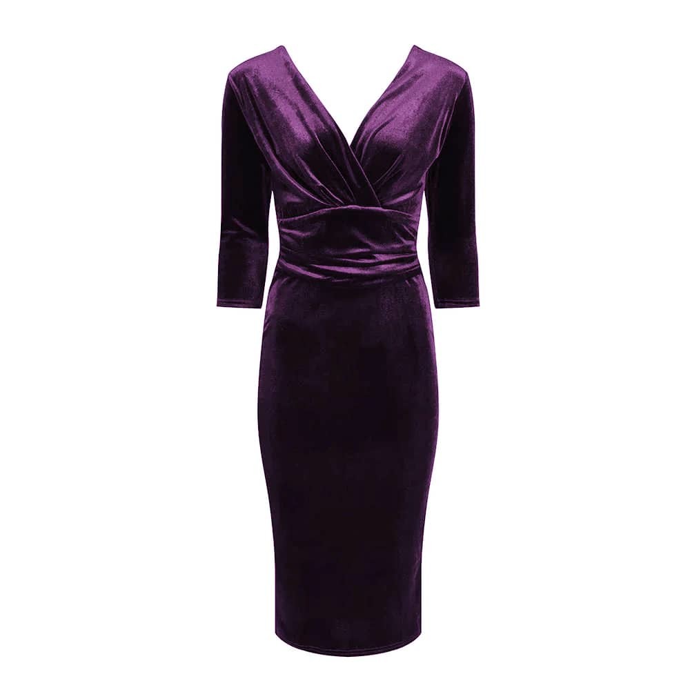 Purple Velour Deep V 3/4 Sleeve Bodycon Ruched Waist Wiggle Dress