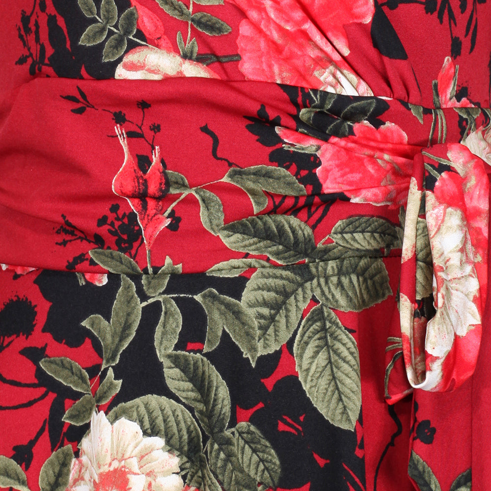 Red Wine Floral Print Cap Sleeve V Neck Wrap Top Swing Dress - Pretty Kitty Fashion