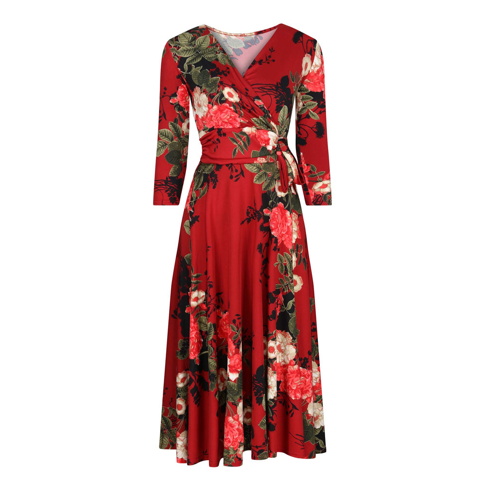 Wine Red And Sage Print 3/4 Sleeve Crossover Top Vintage Swing Dress - Pretty Kitty Fashion