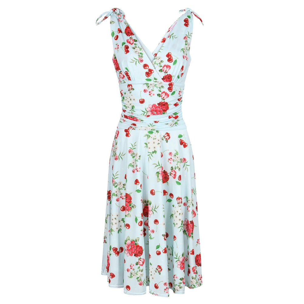 Light Blue Floral & Cherry Print V Neck Tie Shoulder 50s Swing Dress