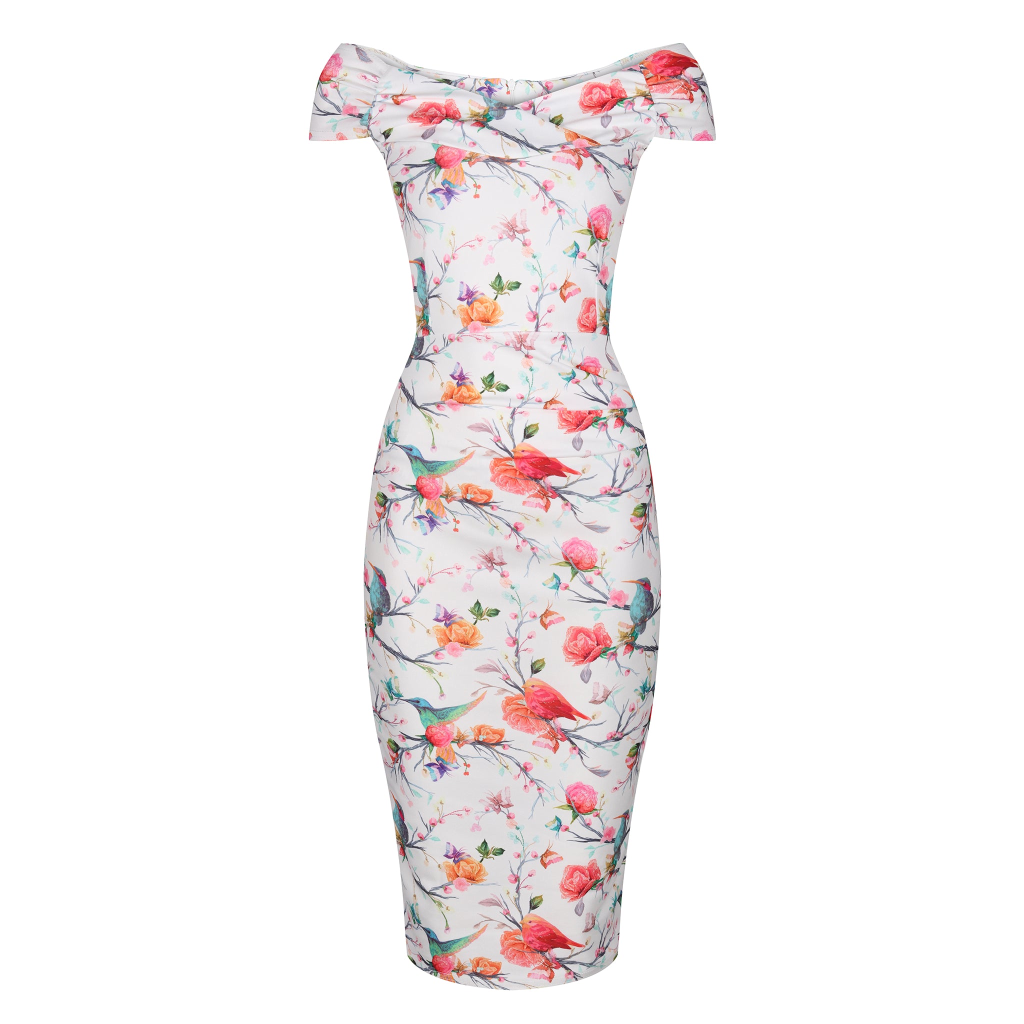White Summer Bird Butterfly Print Cap Sleeve Crossover Top Bardot Wiggle Dress