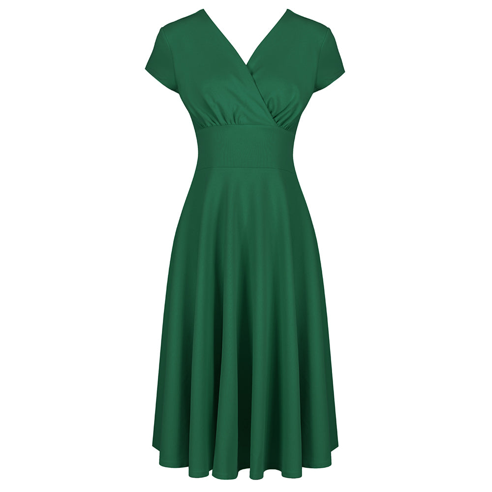 Emerald Green A Line Vintage Crossover Capped Sleeve Tea Swing Dress - Pretty Kitty Fashion