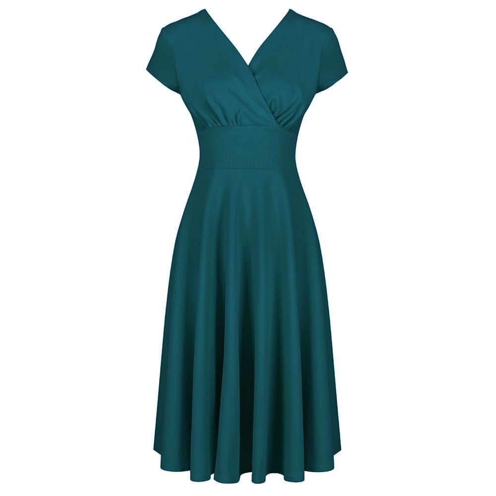 Emerald Green A Line Vintage Crossover Capped Sleeve Tea Swing Dress - Pretty Kitty Fashion