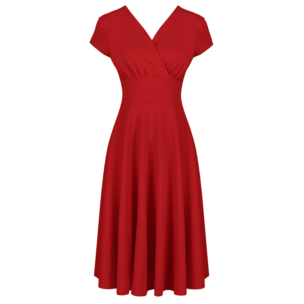 Red Vintage A Line Crossover Capped Sleeve Tea Swing Dress - Pretty Kitty Fashion
