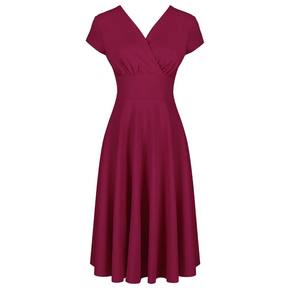 Red Vintage A Line Crossover Capped Sleeve Tea Swing Dress - Pretty Kitty Fashion