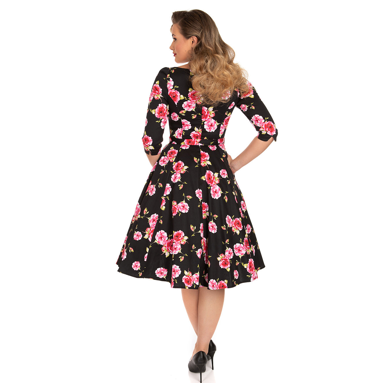 Black & Pink Rose Floral Print 3/4 Sleeve 50s Swing Dress