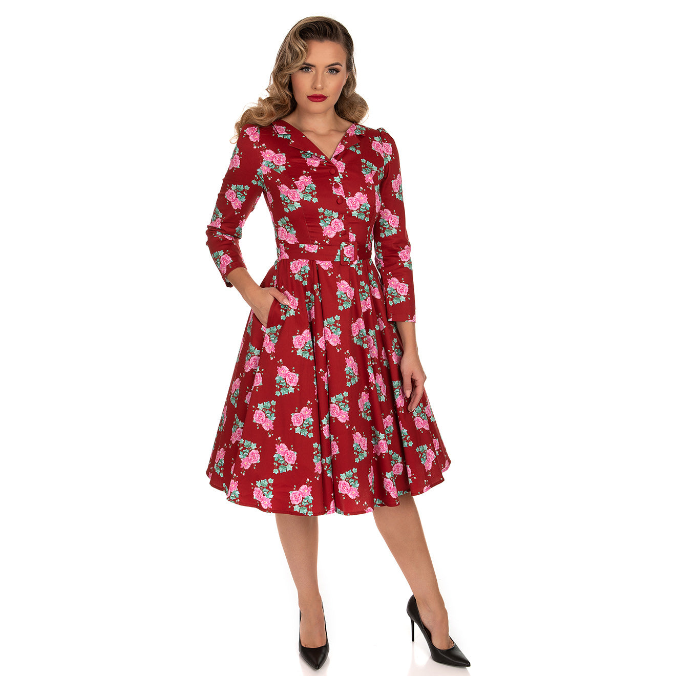 Winter Floral Print 3/4 Sleeve Belted 50s Swing Dress With Pockets – Pretty  Kitty Fashion