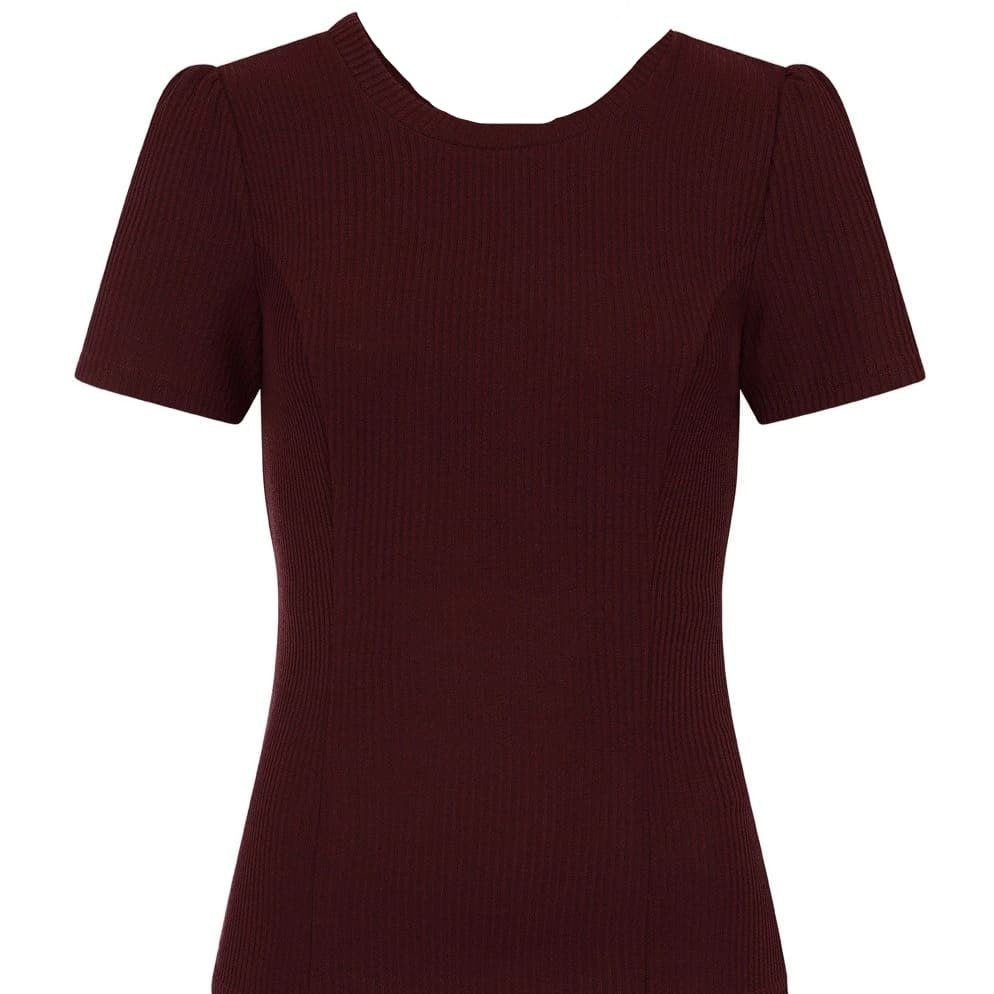 Burgundy Red Vintage Ribbed Knitted Short Sleeve Top