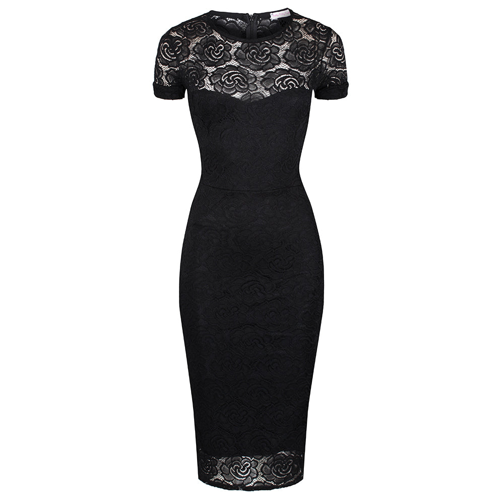 Black Cap Sleeve Lace Wiggle Pencil Cocktail Dress - Pretty Kitty Fashion