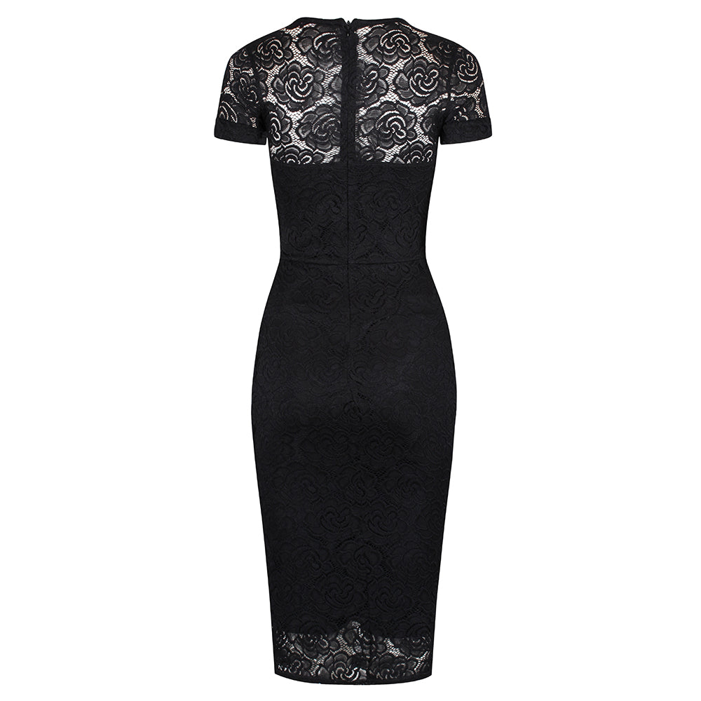 Black Cap Sleeve Lace Wiggle Pencil Cocktail Dress - Pretty Kitty Fashion