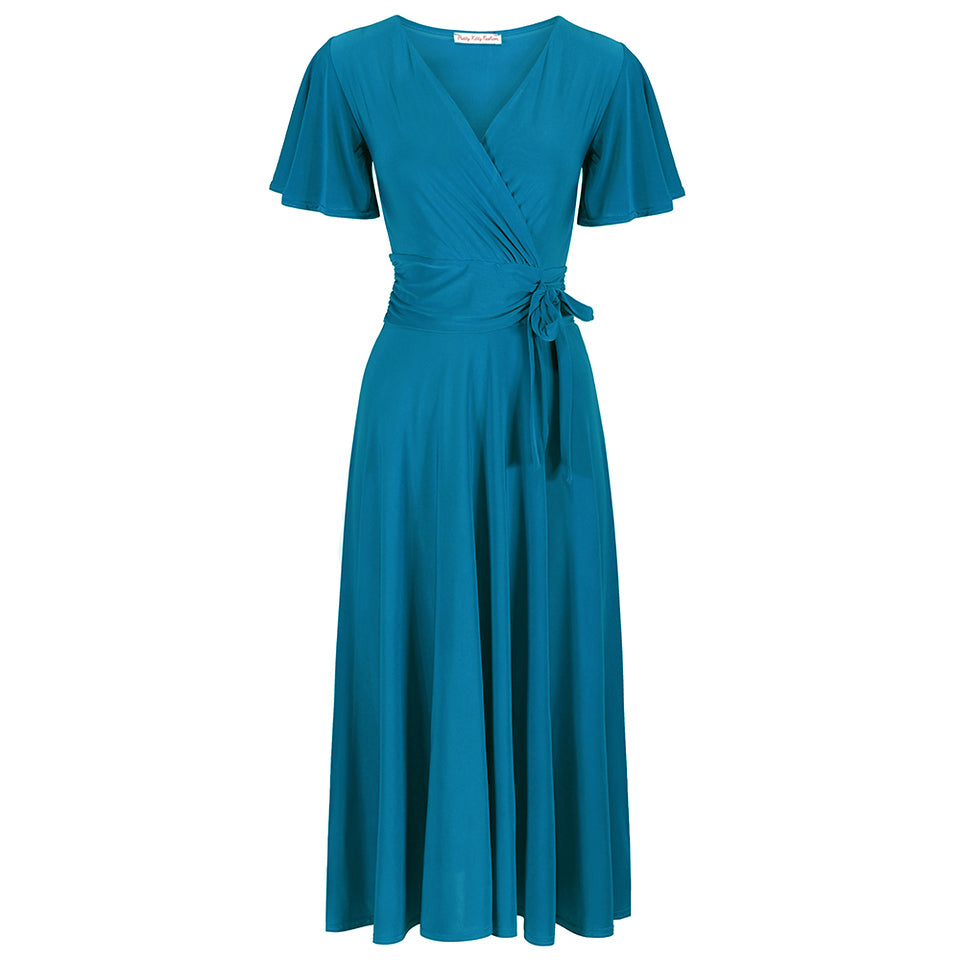 Teal Blue Cap Sleeve Crossover V Neck Wrap Top Swing Dress - Pretty Kitty Fashion