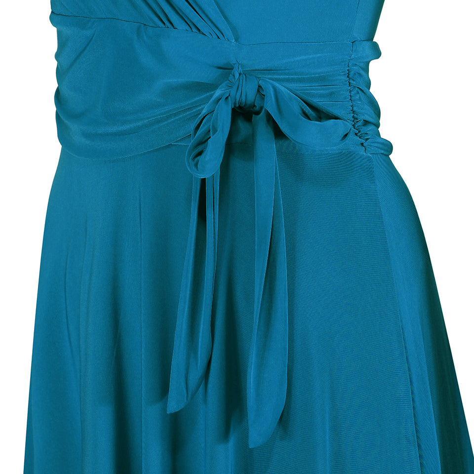 Teal Blue Cap Sleeve Crossover V Neck Wrap Top Swing Dress - Pretty Kitty Fashion