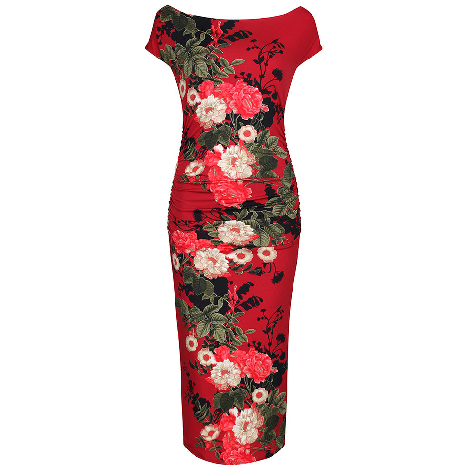 Red Floral Print 40s Style Cap Sleeve Slinky Pencil Wiggle Dress - Pretty Kitty Fashion