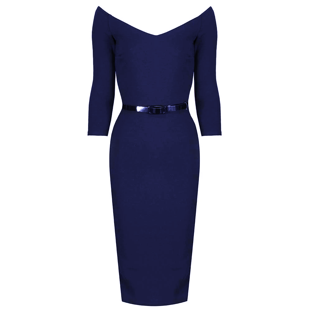 Navy Blue Wide V Neck 3 4 Sleeve Vintage Belted Bodycon Pencil Dress Pretty Kitty Fashion