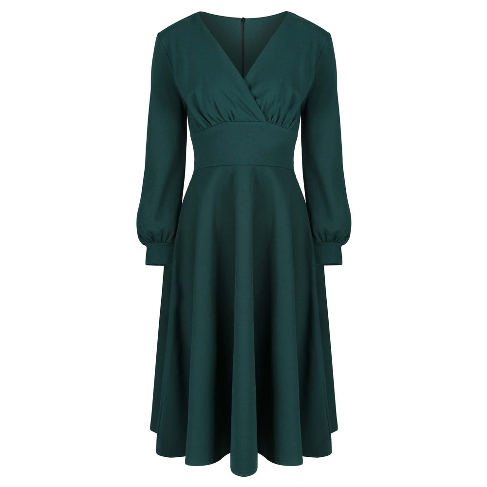 Forest Green Long Sleeve A Line Vintage Crossover Tea Swing Dress