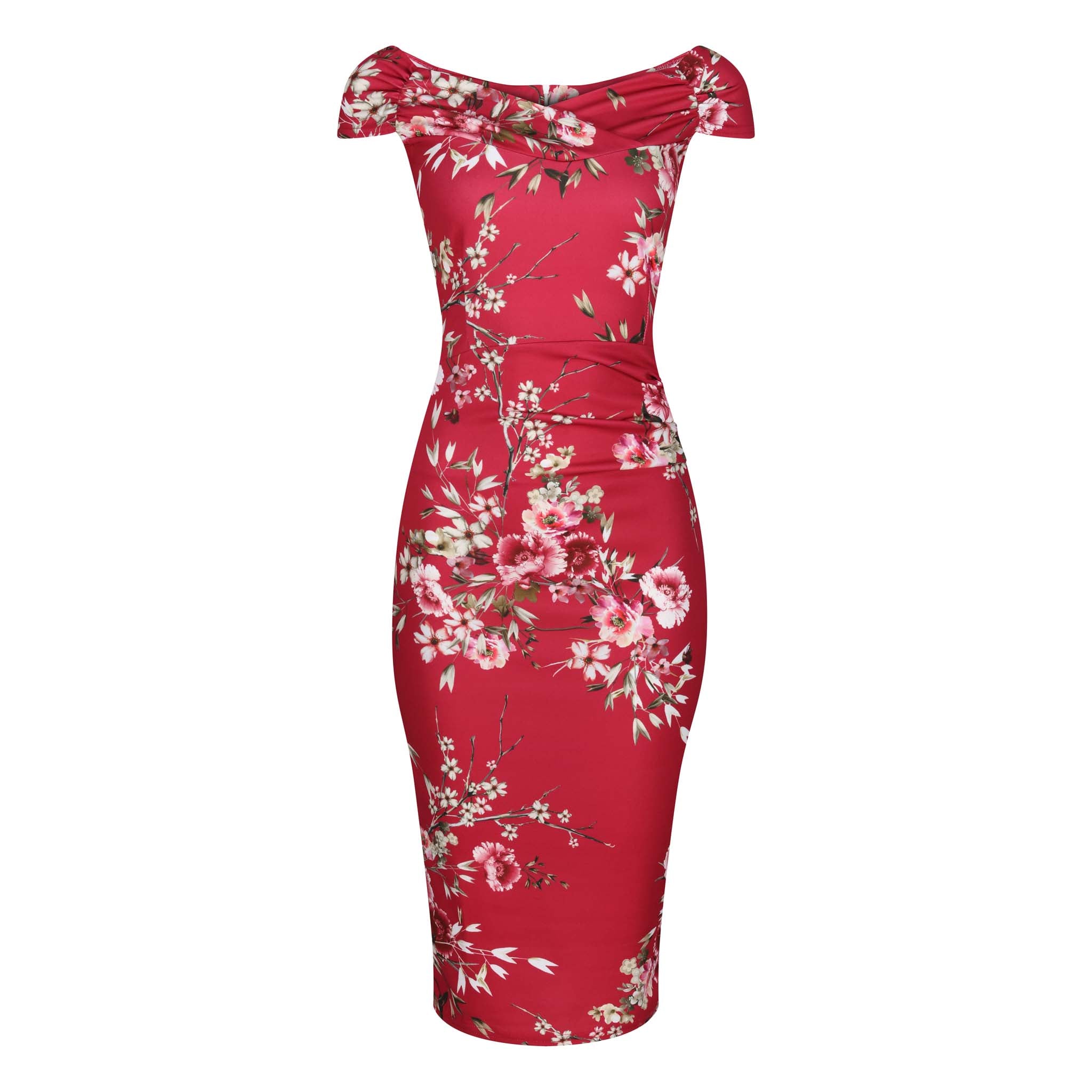Red Floral Print Cap Sleeve Crossover Top Bardot Wiggle Dress  Pretty  Kitty Fashion