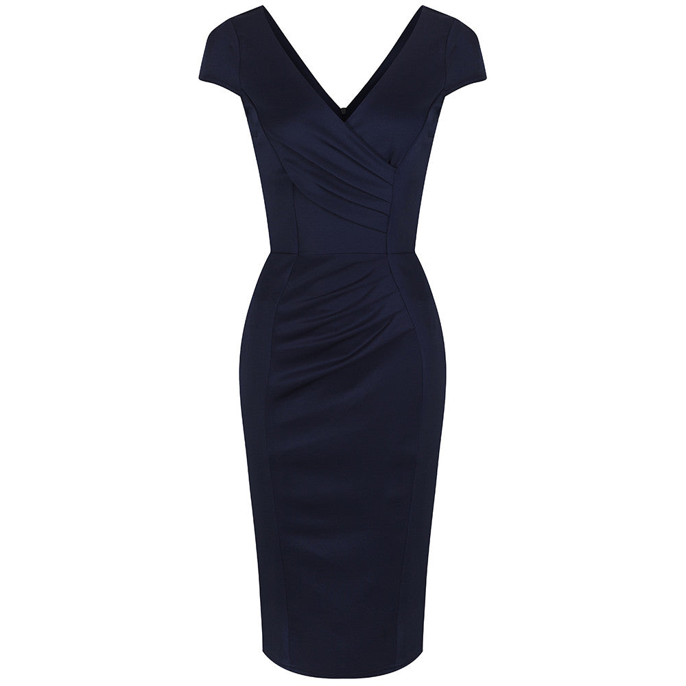 Navy Blue Capped Sleeve Bodycon Wiggle Dress - Pretty Kitty Fashion