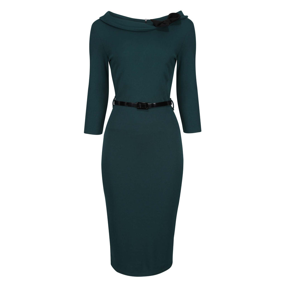 Forest Green Black Belted Bow Corsage Pencil Dress