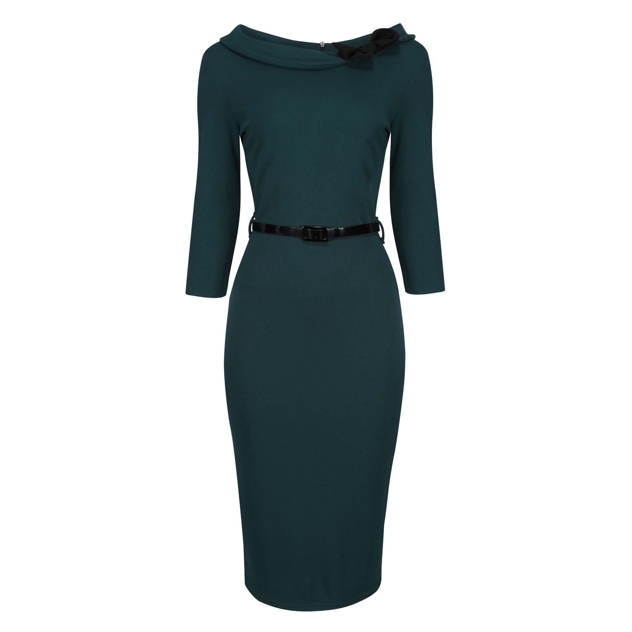 Forest Green Black Belted Bow Corsage Pencil Dress